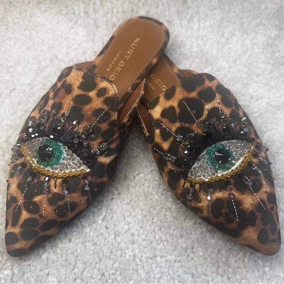 Kurt Geiger Leopard-Print Embellished Slip-On Mules with Green Eye Accent - Picture 2 of 5